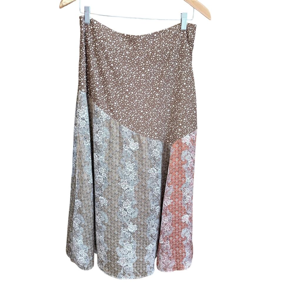 Mystree brown patchwork boho prairie cottagecore satin long skirt large autumn - Picture 2 of 6